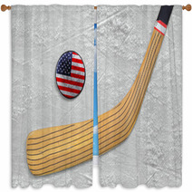 Hockey Stick And Puck On An American Hockey Rink Window Curtains 70600215