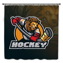 Hockey Vector Mascot Logo Design With Modern Illustration Concept Style For Badge Emblem And Tshirt Printing Angry Lion Hockey Illustration For Sport And Team Bath Decor 250110087
