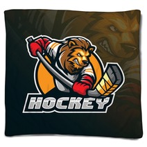 Hockey Vector Mascot Logo Design With Modern Illustration Concept Style For Badge Emblem And Tshirt Printing Angry Lion Hockey Illustration For Sport And Team Blankets 250110087