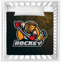 Hockey Vector Mascot Logo Design With Modern Illustration Concept Style For Badge Emblem And Tshirt Printing Angry Lion Hockey Illustration For Sport And Team Nursery Decor 250110087