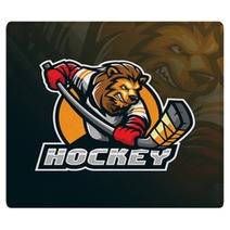 Hockey Vector Mascot Logo Design With Modern Illustration Concept Style For Badge Emblem And Tshirt Printing Angry Lion Hockey Illustration For Sport And Team Rugs 250110087