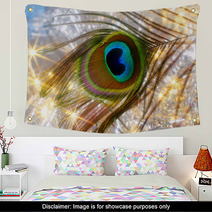 Holiday Background With Peacock Feather And Sparkling Lights Wall Art 47214186