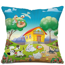 Home With Animals Cartoon And Vector Illustration Pillows 24736786