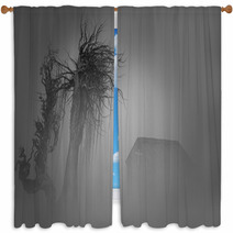 Horror Halloween Abandoned Old House In Creepy Nigh Window Curtains 125417458