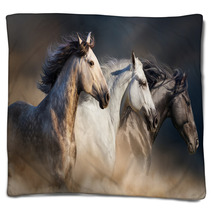 Horses With Long Mane Portrait Run Gallop In Desert Dust Blankets 106659074