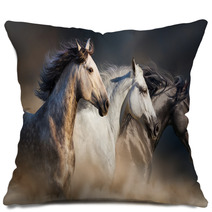 Horses With Long Mane Portrait Run Gallop In Desert Dust Pillows 106659074