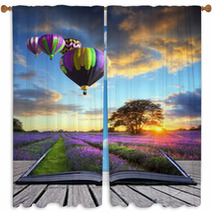 Hot Air Balloons Lavender Landscape Magic Book Pages Window Curtains 36606858