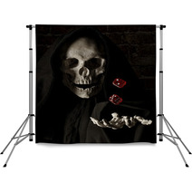 Human Skull Simulating Death And A Human Hand Throwing Dice In The Air Backdrops 99819595