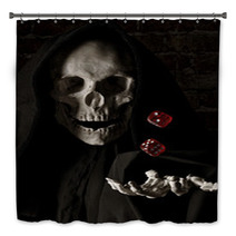 Human Skull Simulating Death And A Human Hand Throwing Dice In The Air Bath Decor 99819595