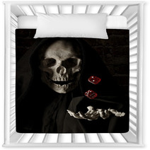 Human Skull Simulating Death And A Human Hand Throwing Dice In The Air Nursery Decor 99819595