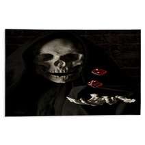 Human Skull Simulating Death And A Human Hand Throwing Dice In The Air Rugs 99819595