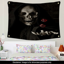 Human Skull Simulating Death And A Human Hand Throwing Dice In The Air Wall Art 99819595