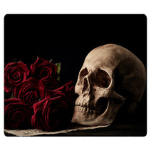 Human Skull With Red Roses Rugs 115987470