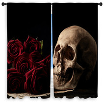 Human Skull With Red Roses Window Curtains 115987470