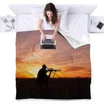 Hunter Shooting At Sunset Blankets 59863979