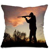 Hunter Silhouetted Shooting At Sunset Pillows 59928266