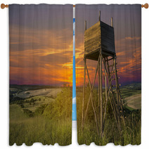 Hunters Lookout Tower On The Field At Sunset Window Curtains 66241624