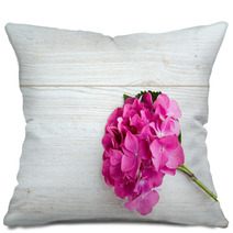 Hydrangea Flower On Wooden Surface Pillows 68087535