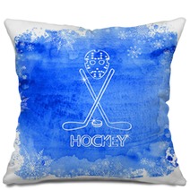 Ice Hockey Accessories On A Watercolor Background Pillows 71405429