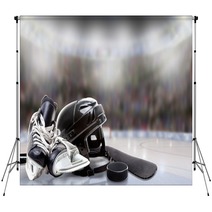 Ice Hockey Helmet Skates Stick And Puck In Rink Backdrops 180382351