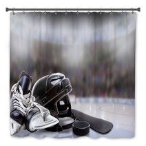 Ice Hockey Helmet Skates Stick And Puck In Rink Bath Decor 180382351