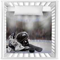 Ice Hockey Helmet Skates Stick And Puck In Rink Nursery Decor 180382351