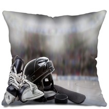 Ice Hockey Helmet Skates Stick And Puck In Rink Pillows 180382351
