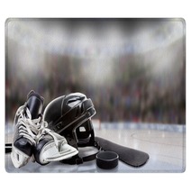 Ice Hockey Helmet Skates Stick And Puck In Rink Rugs 180382351