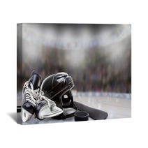 Ice Hockey Helmet Skates Stick And Puck In Rink Wall Art 180382351