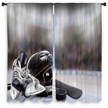 Ice Hockey Helmet Skates Stick And Puck In Rink Window Curtains 180382351