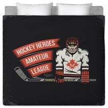 Ice Hockey Player With Stick Puck And Ribbon With Inscription Vintage Emblem Layered Vector Illustration Grunge Texture Text Background Separately And Can Be Easily Disabled Bedding 133234142