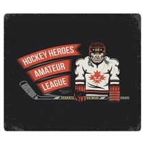 Ice Hockey Player With Stick Puck And Ribbon With Inscription Vintage Emblem Layered Vector Illustration Grunge Texture Text Background Separately And Can Be Easily Disabled Rugs 133234142