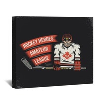 Ice Hockey Player With Stick Puck And Ribbon With Inscription Vintage Emblem Layered Vector Illustration Grunge Texture Text Background Separately And Can Be Easily Disabled Wall Art 133234142