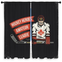 Ice Hockey Player With Stick Puck And Ribbon With Inscription Vintage Emblem Layered Vector Illustration Grunge Texture Text Background Separately And Can Be Easily Disabled Window Curtains 133234142