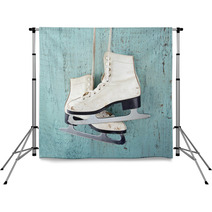 Ice Skates On Blue Vintage Wooden Background Backdrops 56600579
