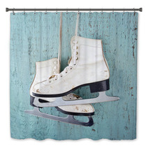 Ice Skates On Blue Vintage Wooden Background Bath Decor 56600579
