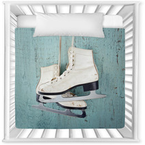 Ice Skates On Blue Vintage Wooden Background Nursery Decor 56600579