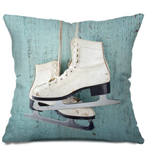 Ice Skates On Blue Vintage Wooden Background Pillows 56600579