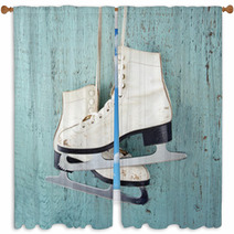 Ice Skates On Blue Vintage Wooden Background Window Curtains 56600579