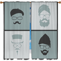 Icons Hairstyles Beard And Mustache Hipster Window Curtains 68159607