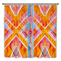 Ikat Geometric Red And Orange Authentic Pattern In Watercolour Style Watercolor Seamless Bath Decor 125673633