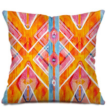 Ikat Geometric Red And Orange Authentic Pattern In Watercolour Style Watercolor Seamless Pillows 125673633