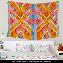 Ikat Geometric Red And Orange Authentic Pattern In Watercolour Style Watercolor Seamless Wall Art 125673633