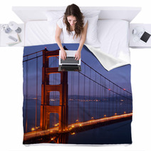 Illuminated Golden Gate Bridge At Dusk, San Francisco Blankets 71468374