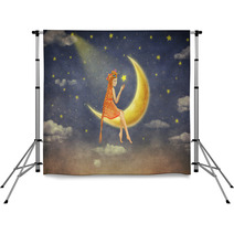 Illustration Of A Cute Girl Sitting On The Moon In Night Sky Illustration Art Backdrops 109725715