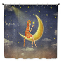Illustration Of A Cute Girl Sitting On The Moon In Night Sky Illustration Art Bath Decor 109725715