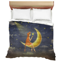 Illustration Of A Cute Girl Sitting On The Moon In Night Sky Illustration Art Bedding 109725715