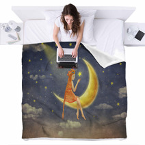 Illustration Of A Cute Girl Sitting On The Moon In Night Sky Illustration Art Blankets 109725715