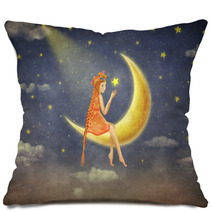 Illustration Of A Cute Girl Sitting On The Moon In Night Sky Illustration Art Pillows 109725715