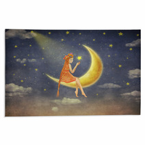 Illustration Of A Cute Girl Sitting On The Moon In Night Sky Illustration Art Rugs 109725715